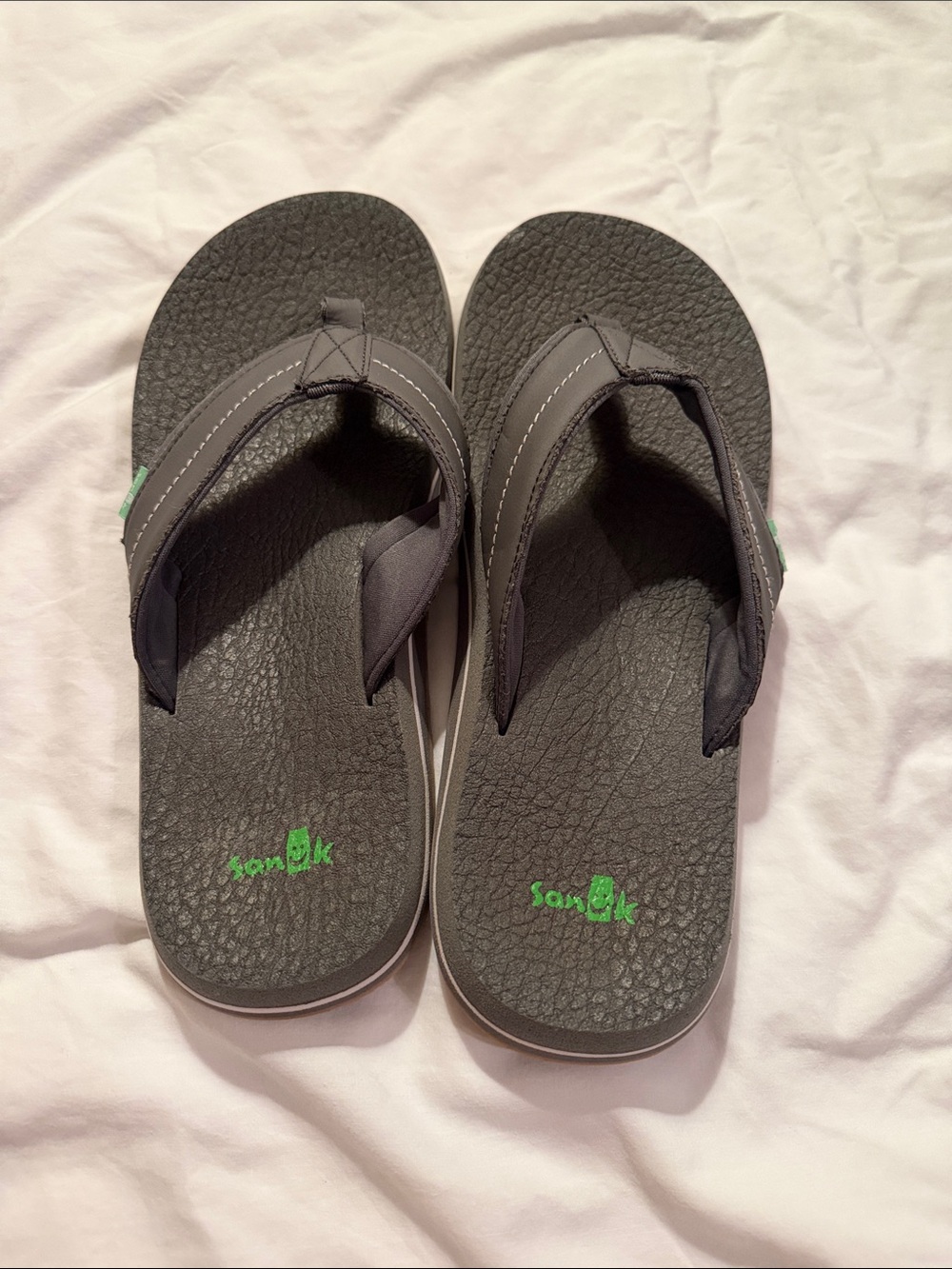 Sanuk Dark Gray Flip Flop Sandals with Green Logo Accent